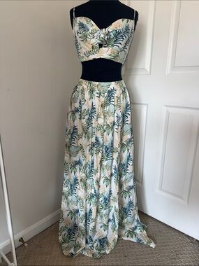 Windsor Tropical Print Two-Piece Set in Teal & Cream